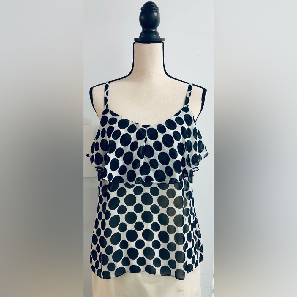 Adorable, Sheer Cream/Black Big Polkadot, Spaghetti-Strap Blouse